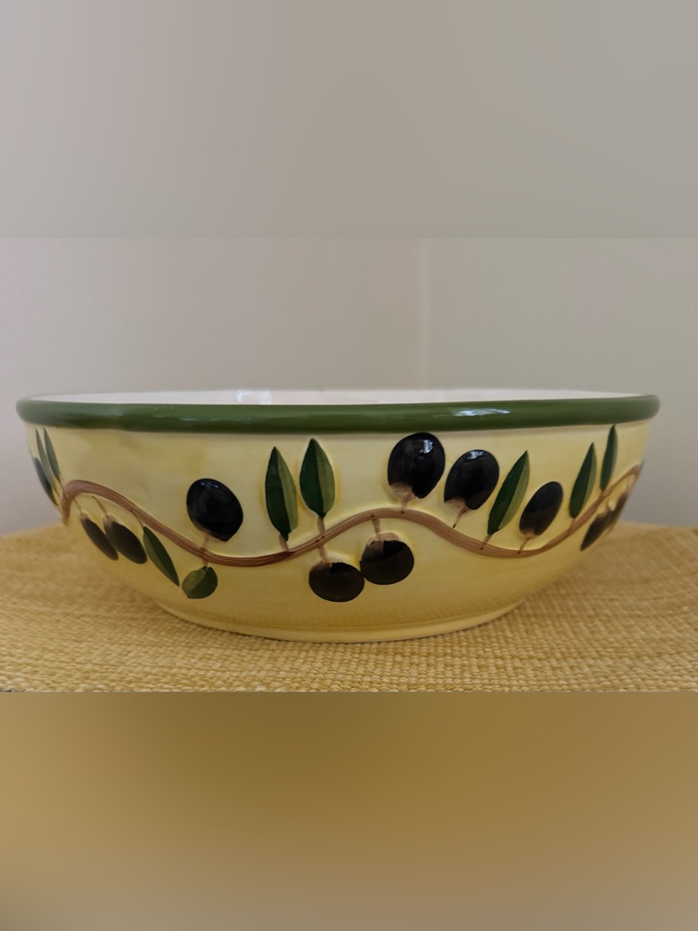 Vintage, Hand Painted Raised Relief 12” Serving Bowl, Mediterranean Tuscan Style
